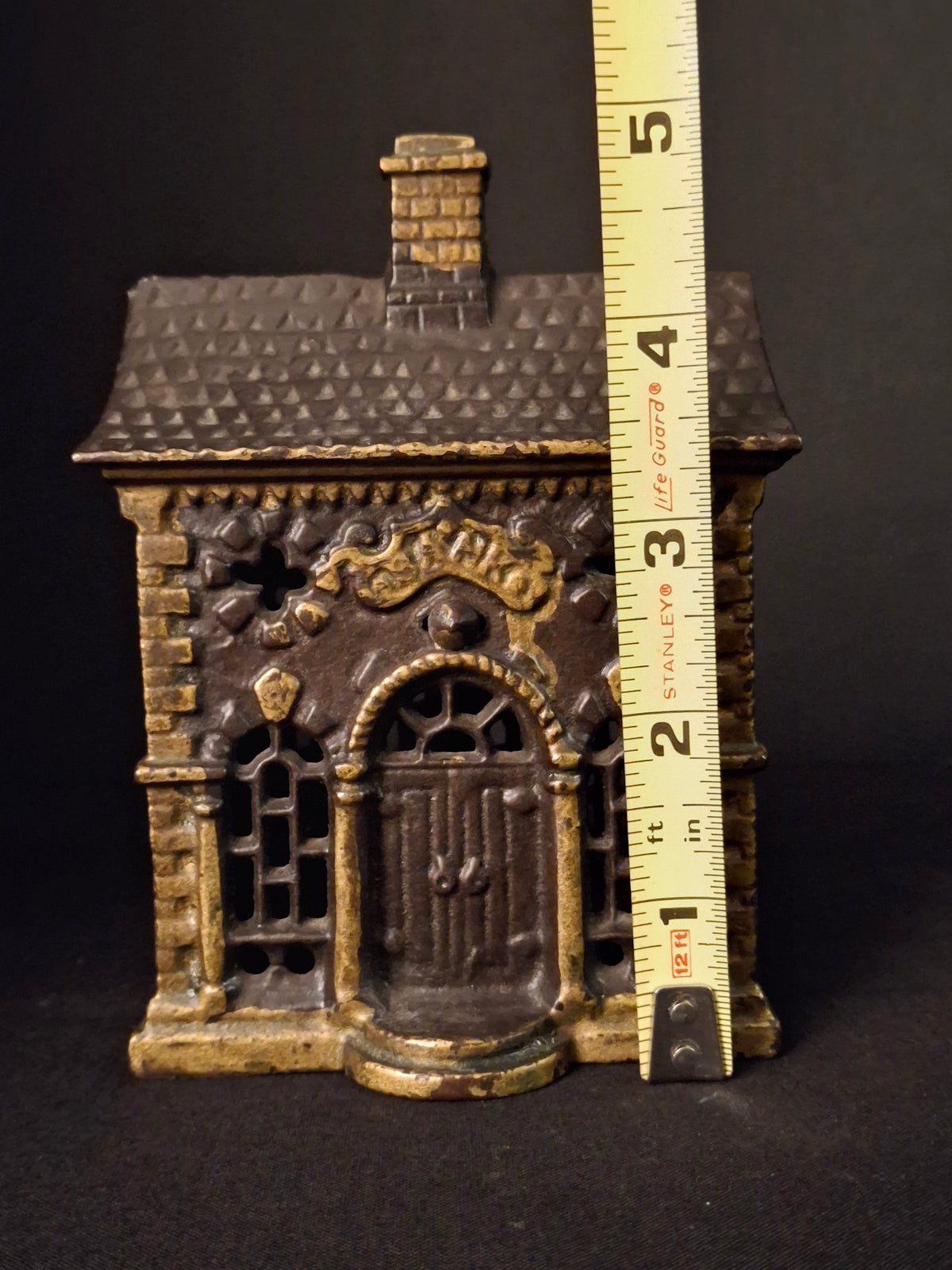 Antique Cast Iron Roof Bank J&E Stevens Architectural Building Still Coin Savings Bank Gold Paint c. 1890