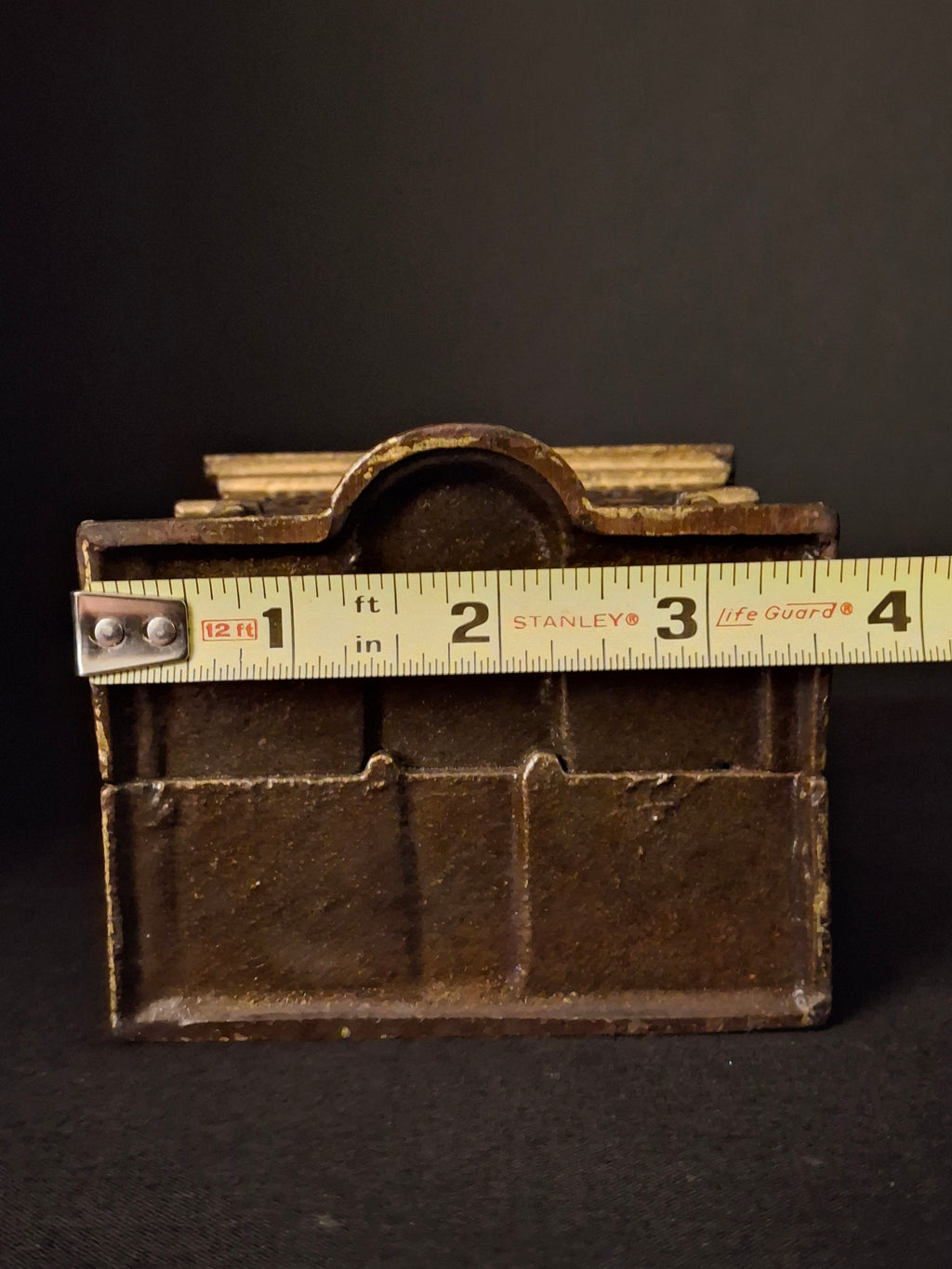 Antique Cast Iron Roof Bank J&E Stevens Architectural Building Still Coin Savings Bank Gold Paint c. 1890