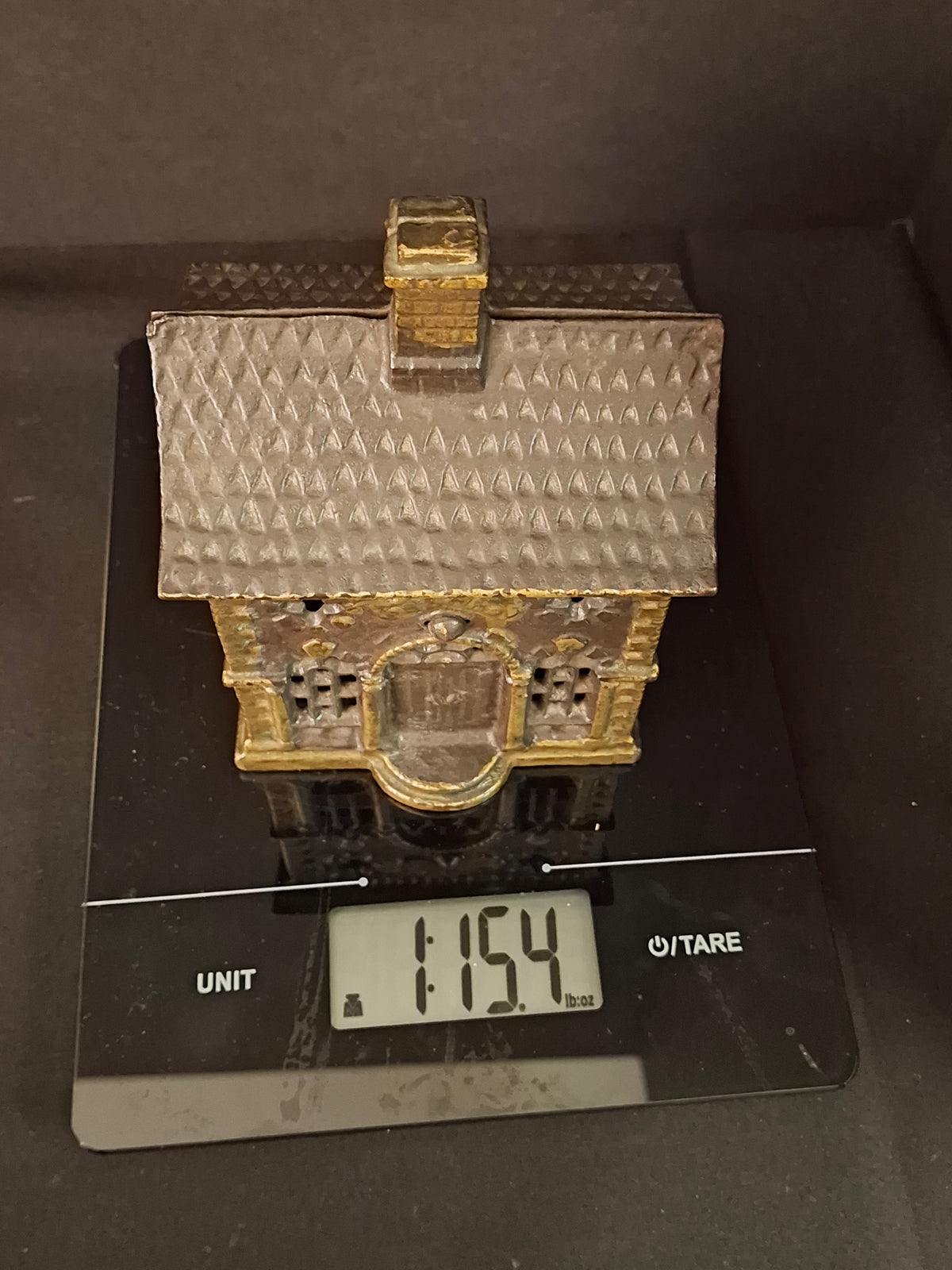Antique Cast Iron Roof Bank J&E Stevens Architectural Building Still Coin Savings Bank Gold Paint c. 1890