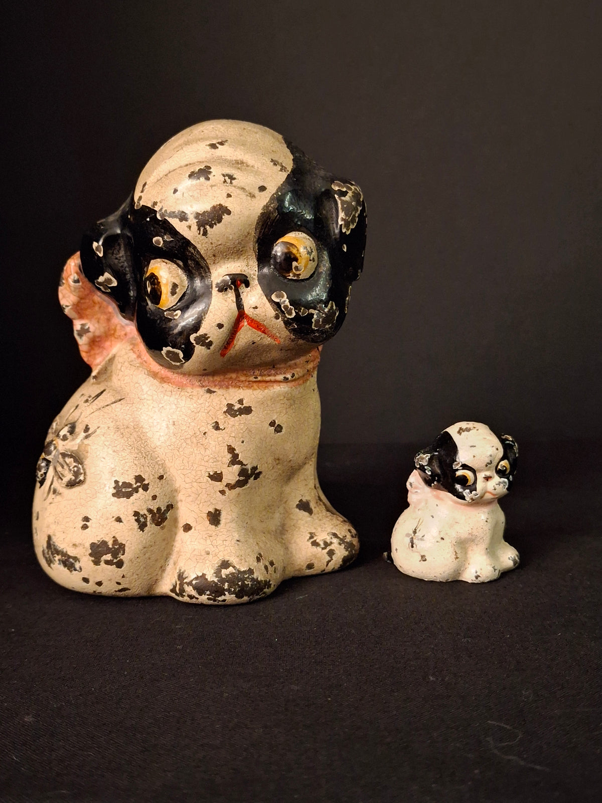 Antique Hubley Cast Iron Puppo Dog Coin Bank & Miniature Figure Set Grace Drayton