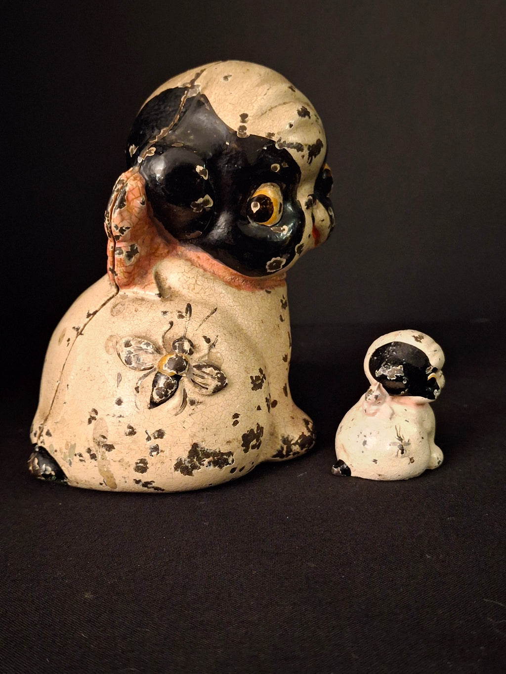 Antique Hubley Cast Iron Puppo Dog Coin Bank & Miniature Figure Set Grace Drayton