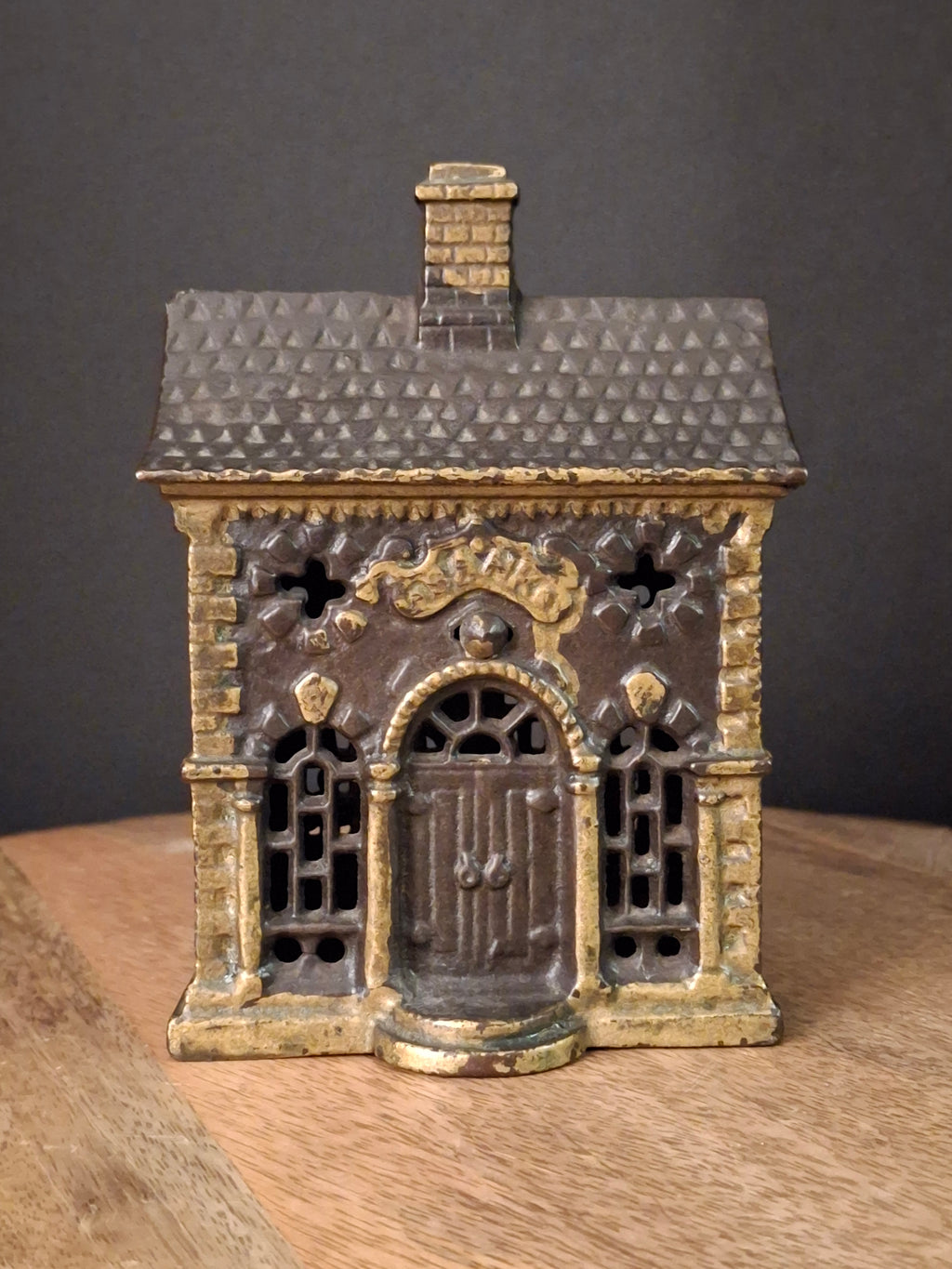 Antique Cast Iron Roof Bank J&E Stevens Architectural Building Still Coin Savings Bank Gold Paint c. 1890