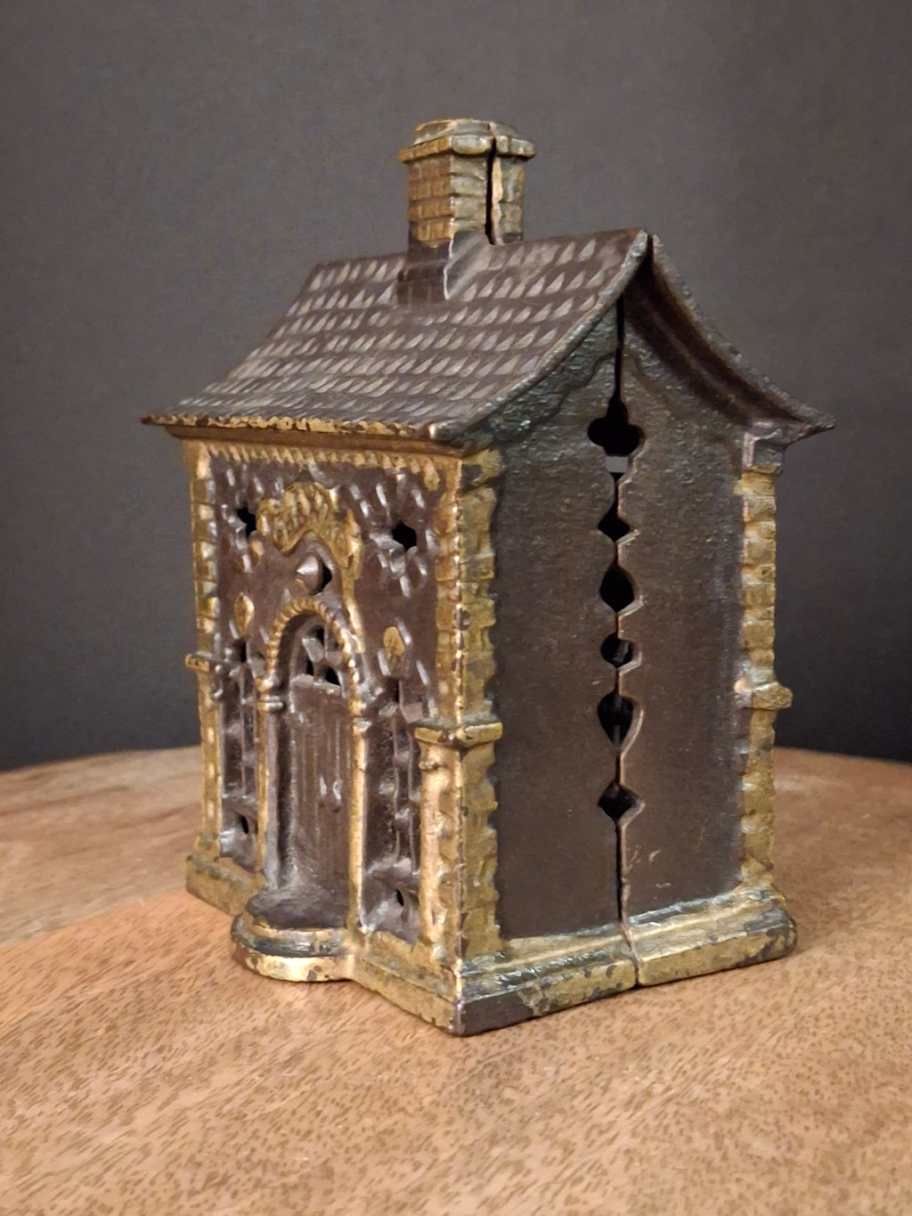 Antique Cast Iron Roof Bank J&E Stevens Architectural Building Still Coin Savings Bank Gold Paint c. 1890