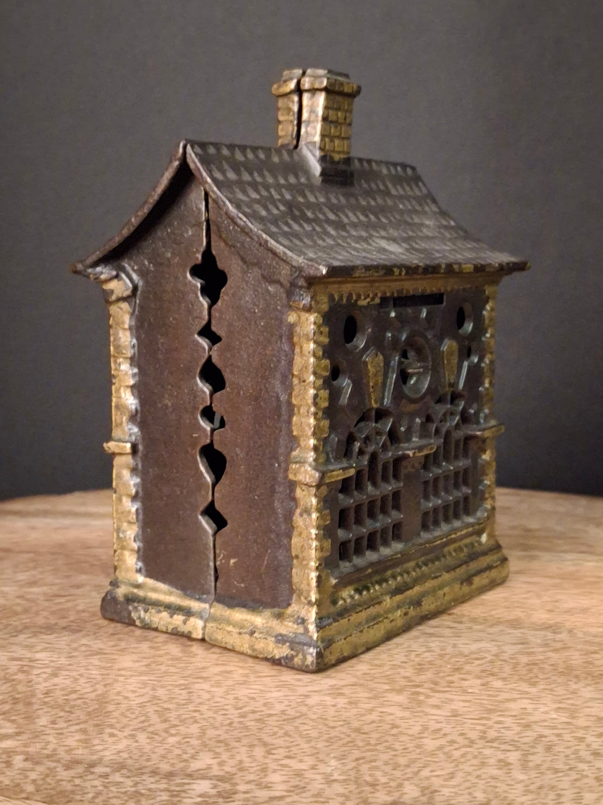 Antique Cast Iron Roof Bank J&E Stevens Architectural Building Still Coin Savings Bank Gold Paint c. 1890