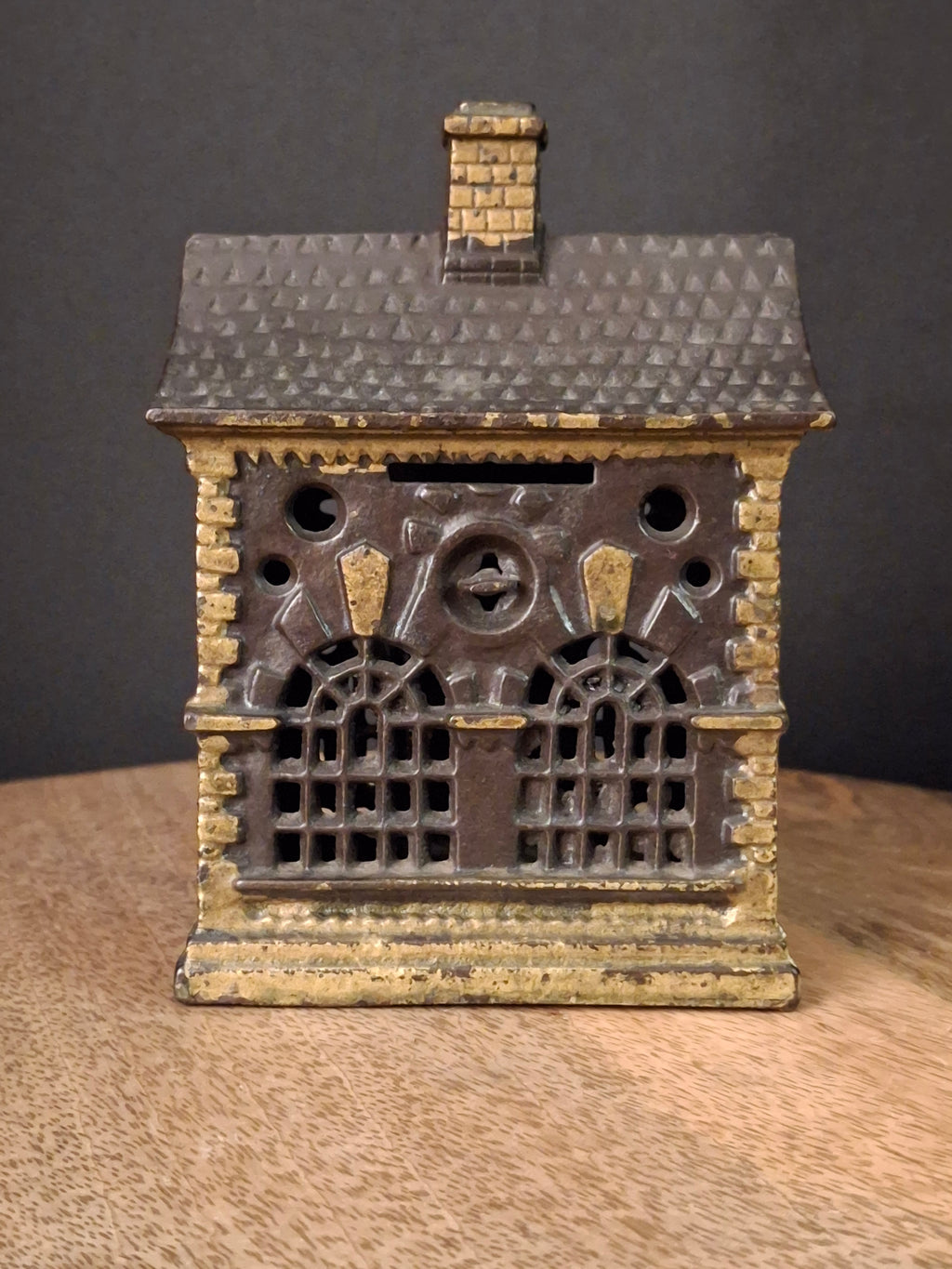 Antique Cast Iron Roof Bank J&E Stevens Architectural Building Still Coin Savings Bank Gold Paint c. 1890