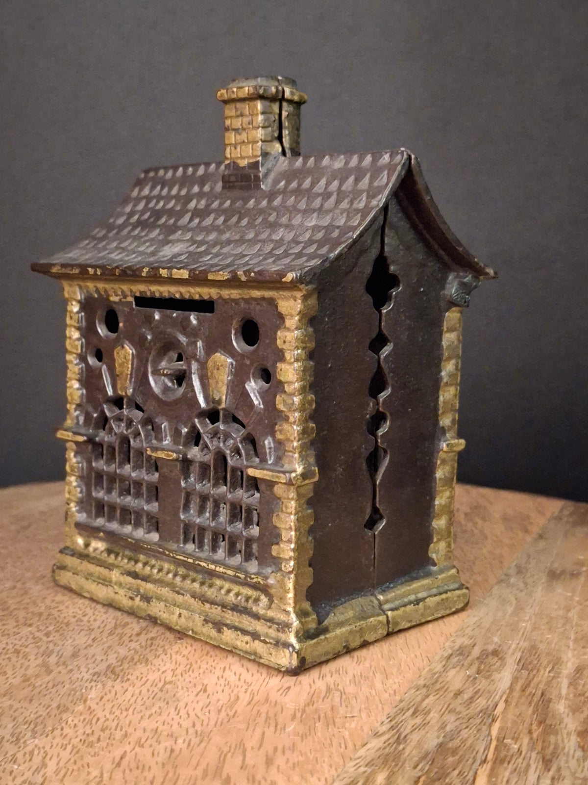 Antique Cast Iron Roof Bank J&E Stevens Architectural Building Still Coin Savings Bank Gold Paint c. 1890