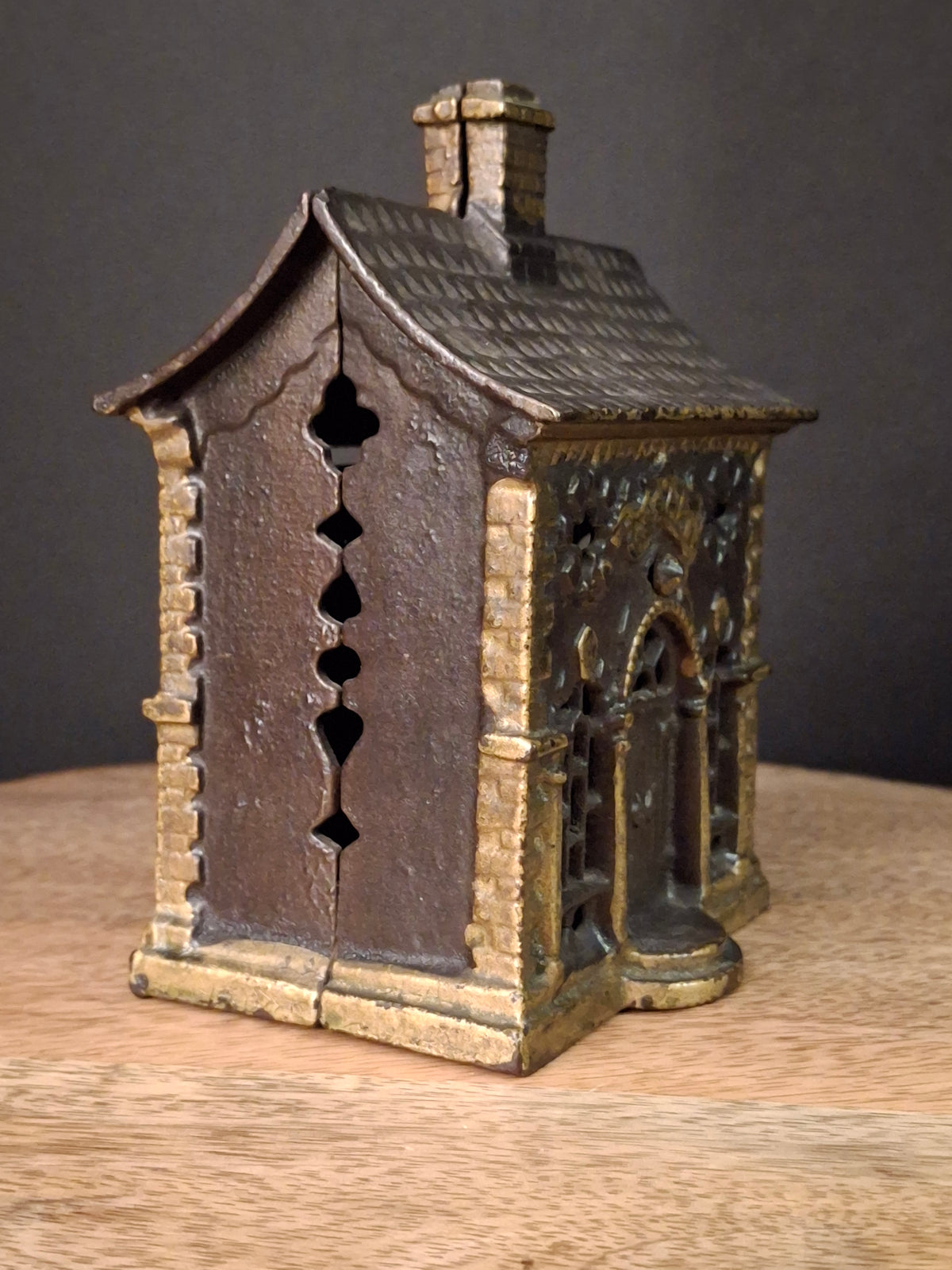 Antique Cast Iron Roof Bank J&E Stevens Architectural Building Still Coin Savings Bank Gold Paint c. 1890