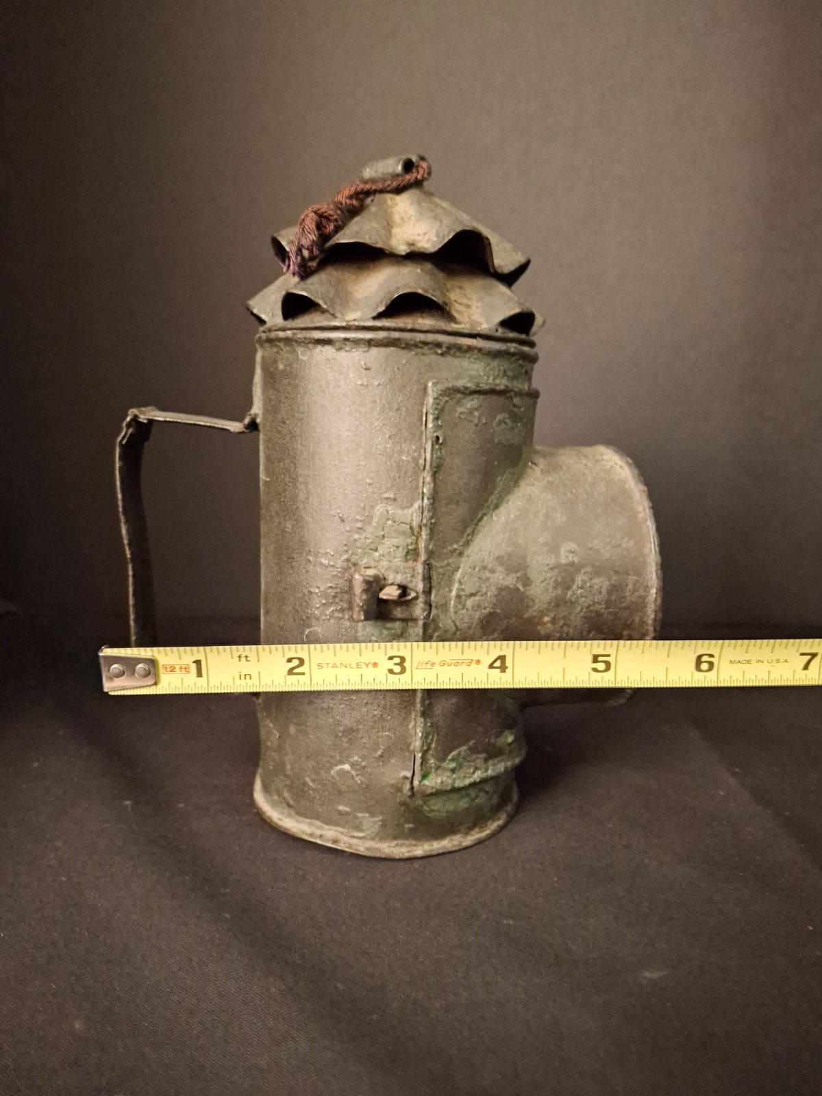 RARE Antique 19th Century Tin Bullseye Watchman Candle Lantern Crimped Green Paint Police Belt Lamp 7"