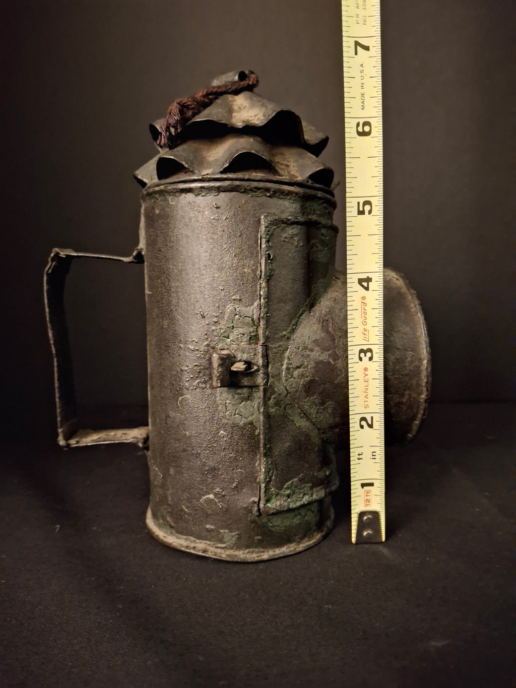RARE Antique 19th Century Tin Bullseye Watchman Candle Lantern Crimped Green Paint Police Belt Lamp 7"