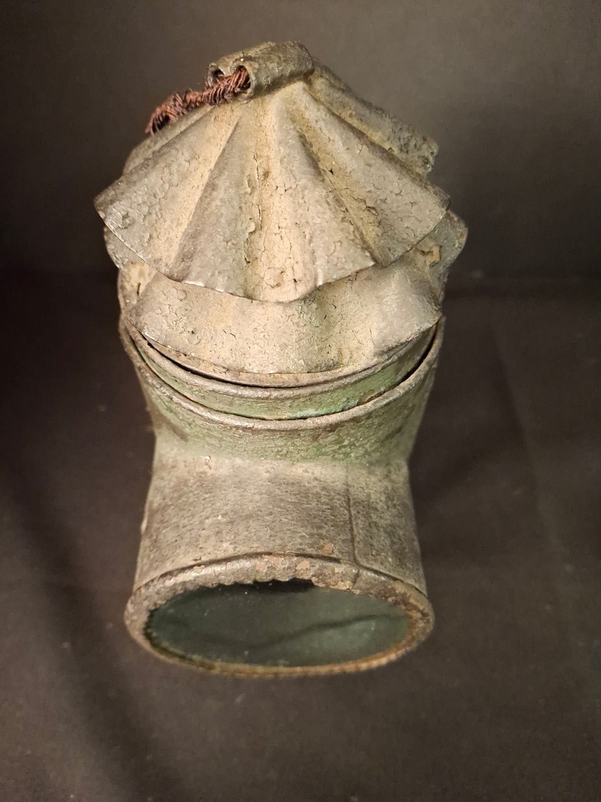 RARE Antique 19th Century Tin Bullseye Watchman Candle Lantern Crimped Green Paint Police Belt Lamp 7"