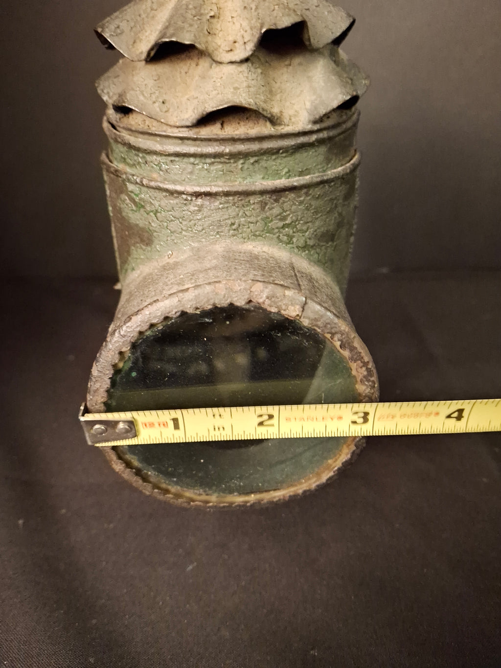 RARE Antique 19th Century Tin Bullseye Watchman Candle Lantern Crimped Green Paint Police Belt Lamp 7"