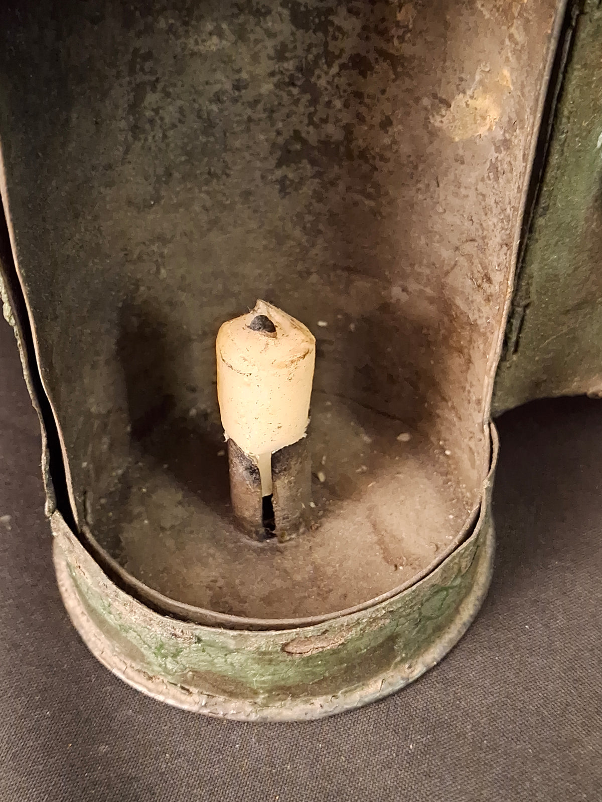 RARE Antique 19th Century Tin Bullseye Watchman Candle Lantern Crimped Green Paint Police Belt Lamp 7"