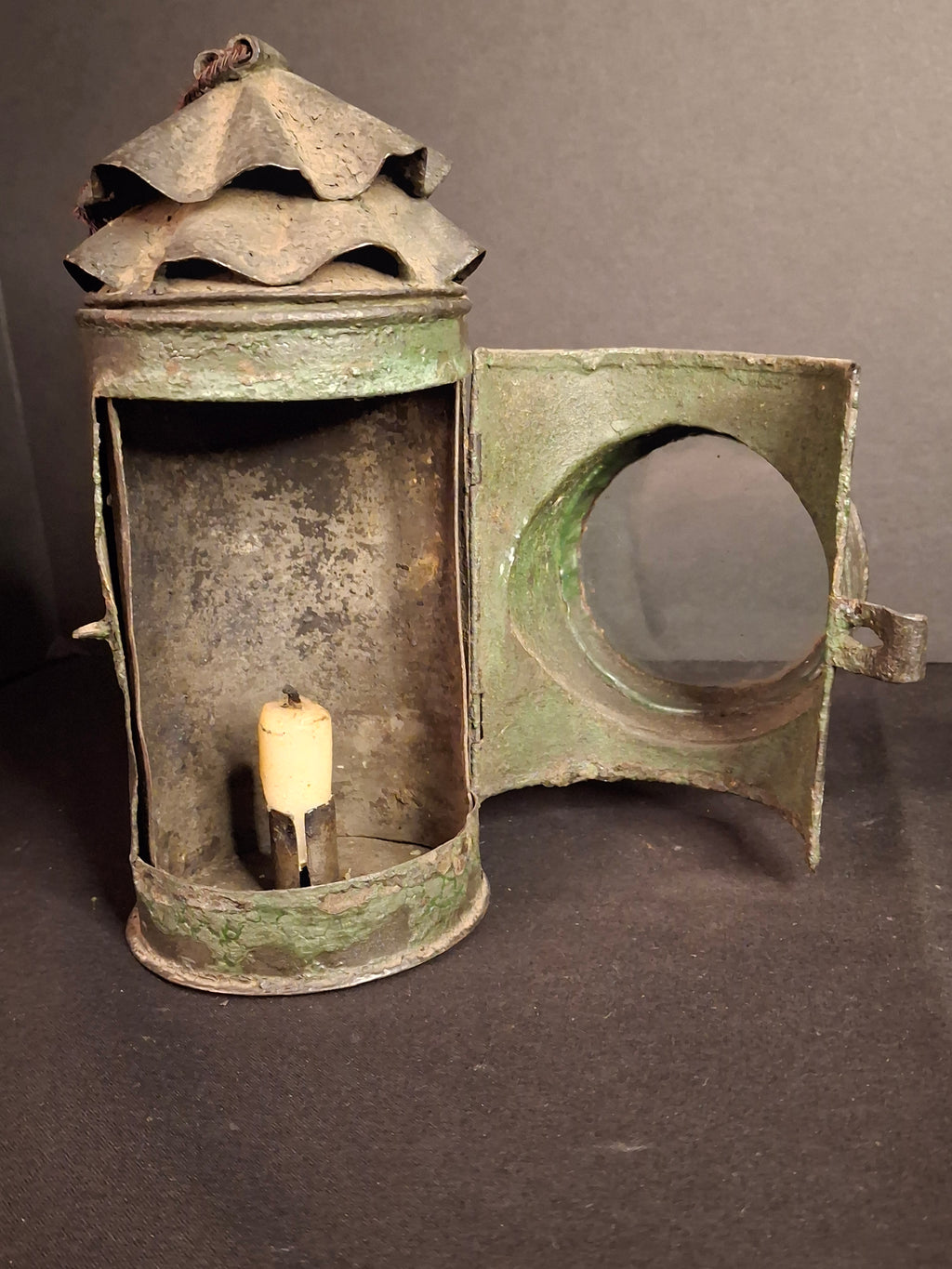 RARE Antique 19th Century Tin Bullseye Watchman Candle Lantern Crimped Green Paint Police Belt Lamp 7"