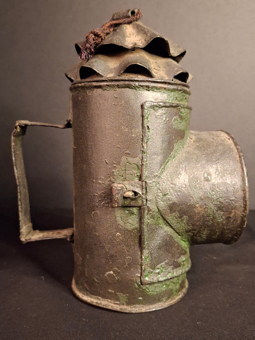 RARE Antique 19th Century Tin Bullseye Watchman Candle Lantern Crimped Green Paint Police Belt Lamp 7"