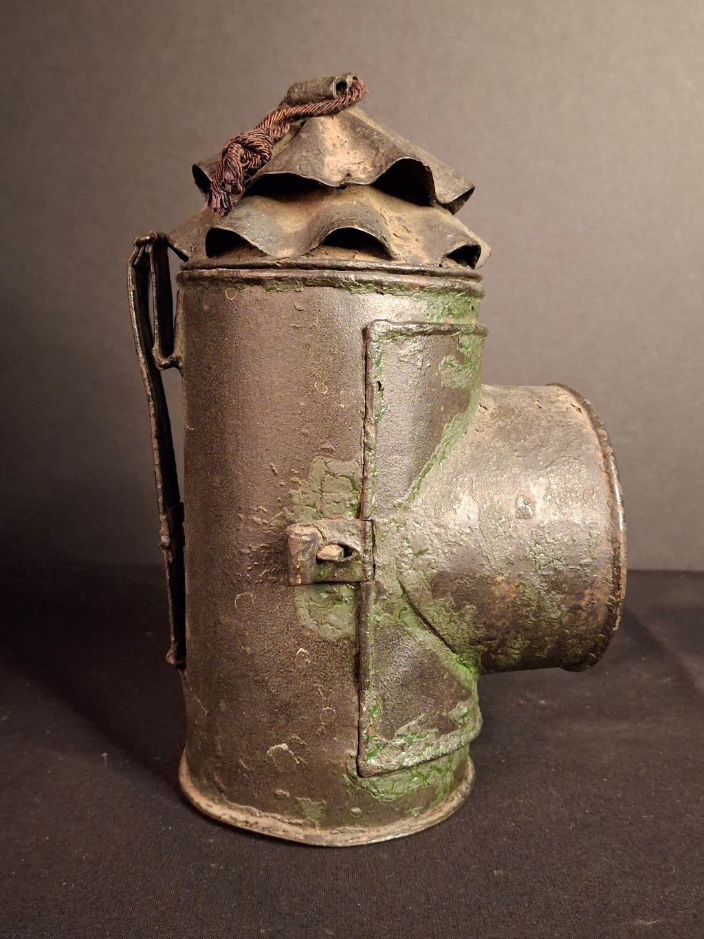 RARE Antique 19th Century Tin Bullseye Watchman Candle Lantern Crimped Green Paint Police Belt Lamp 7"