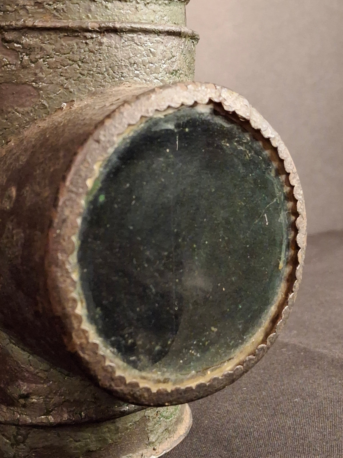 RARE Antique 19th Century Tin Bullseye Watchman Candle Lantern Crimped Green Paint Police Belt Lamp 7"