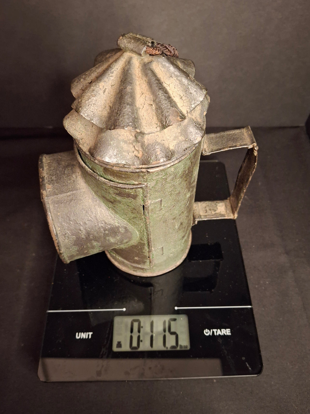 RARE Antique 19th Century Tin Bullseye Watchman Candle Lantern Crimped Green Paint Police Belt Lamp 7"