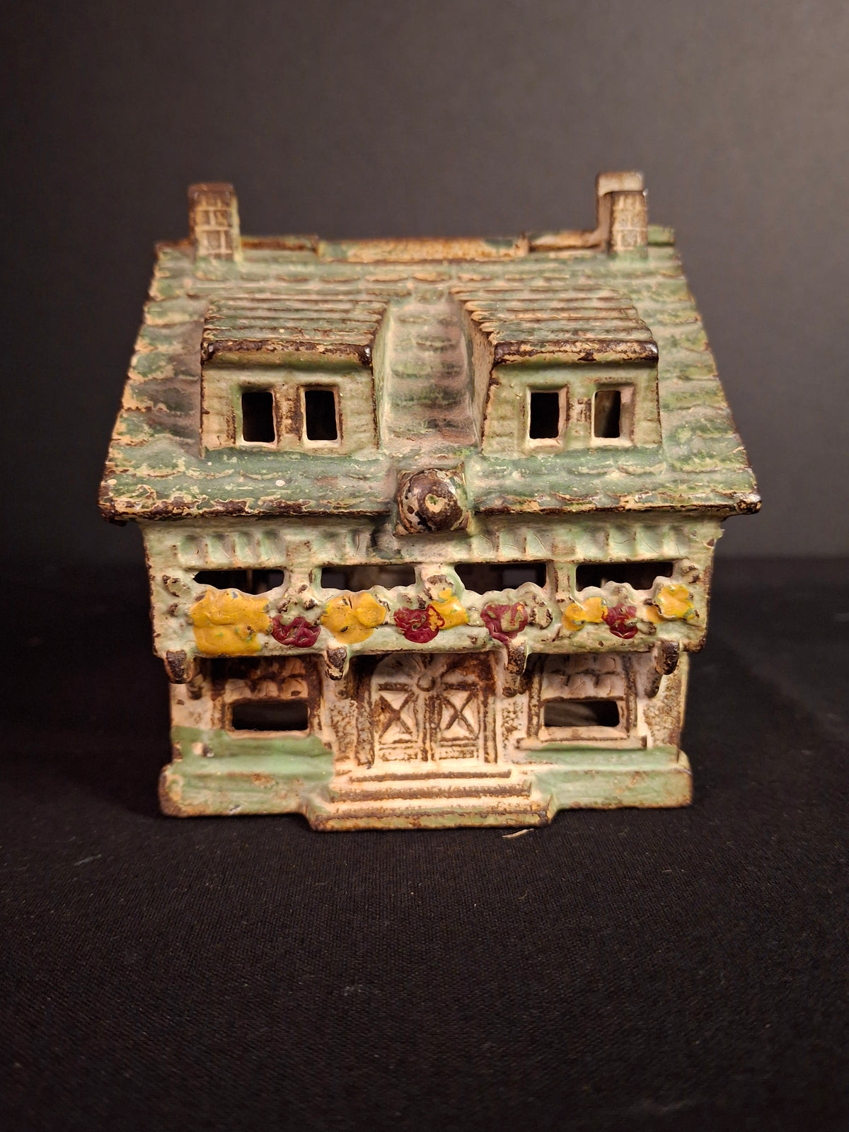 Antique AC Williams Cast Iron Colonial House Architectural Still Bank Porch Dormers circa 1920