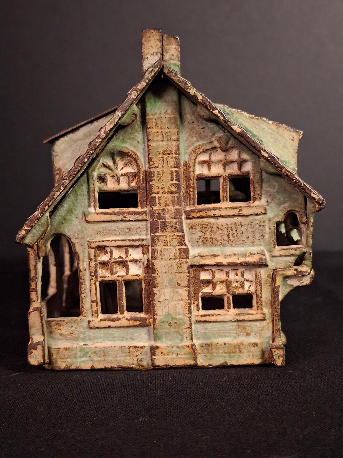 Antique AC Williams Cast Iron Colonial House Architectural Still Bank Porch Dormers circa 1920