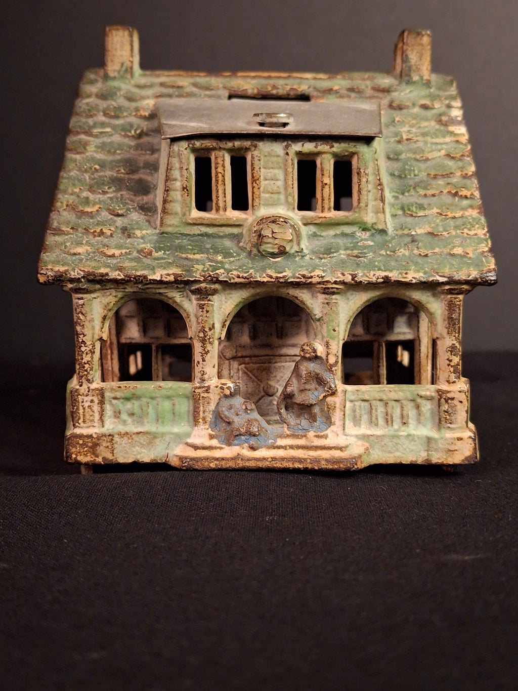Antique AC Williams Cast Iron Colonial House Architectural Still Bank Porch Dormers circa 1920