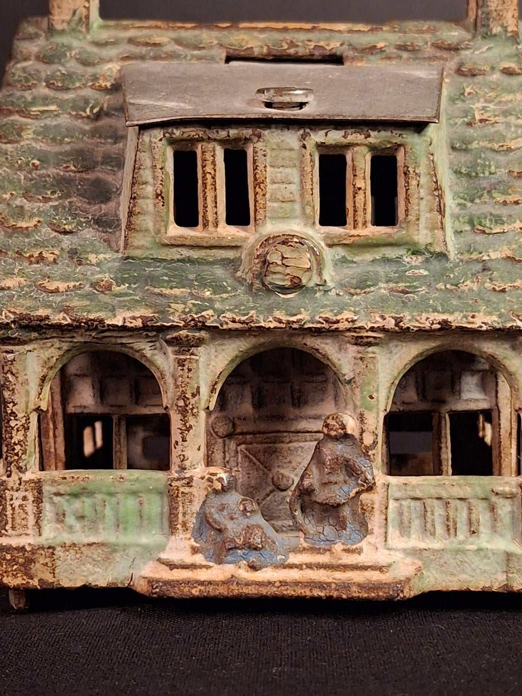 Antique AC Williams Cast Iron Colonial House Architectural Still Bank Porch Dormers circa 1920