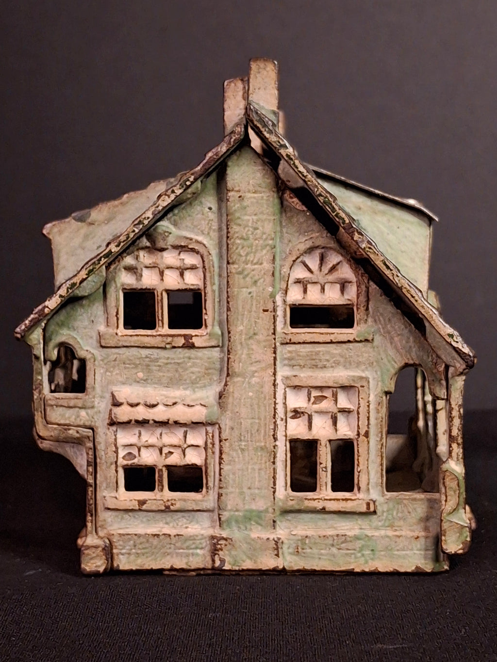 Antique AC Williams Cast Iron Colonial House Architectural Still Bank Porch Dormers circa 1920