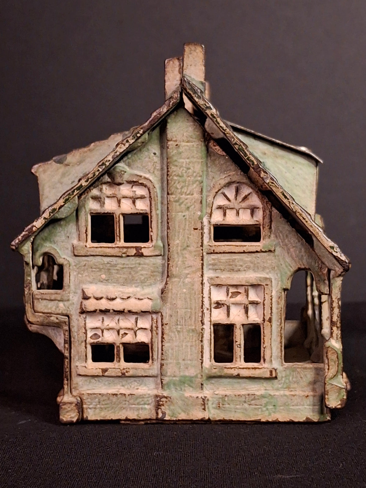 Antique AC Williams Cast Iron Colonial House Architectural Still Bank Porch Dormers circa 1920