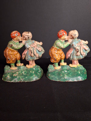 Antique Hubley 332 Cast Iron Kissing Dutch Kids Bookends Pair Original Paint 1920s