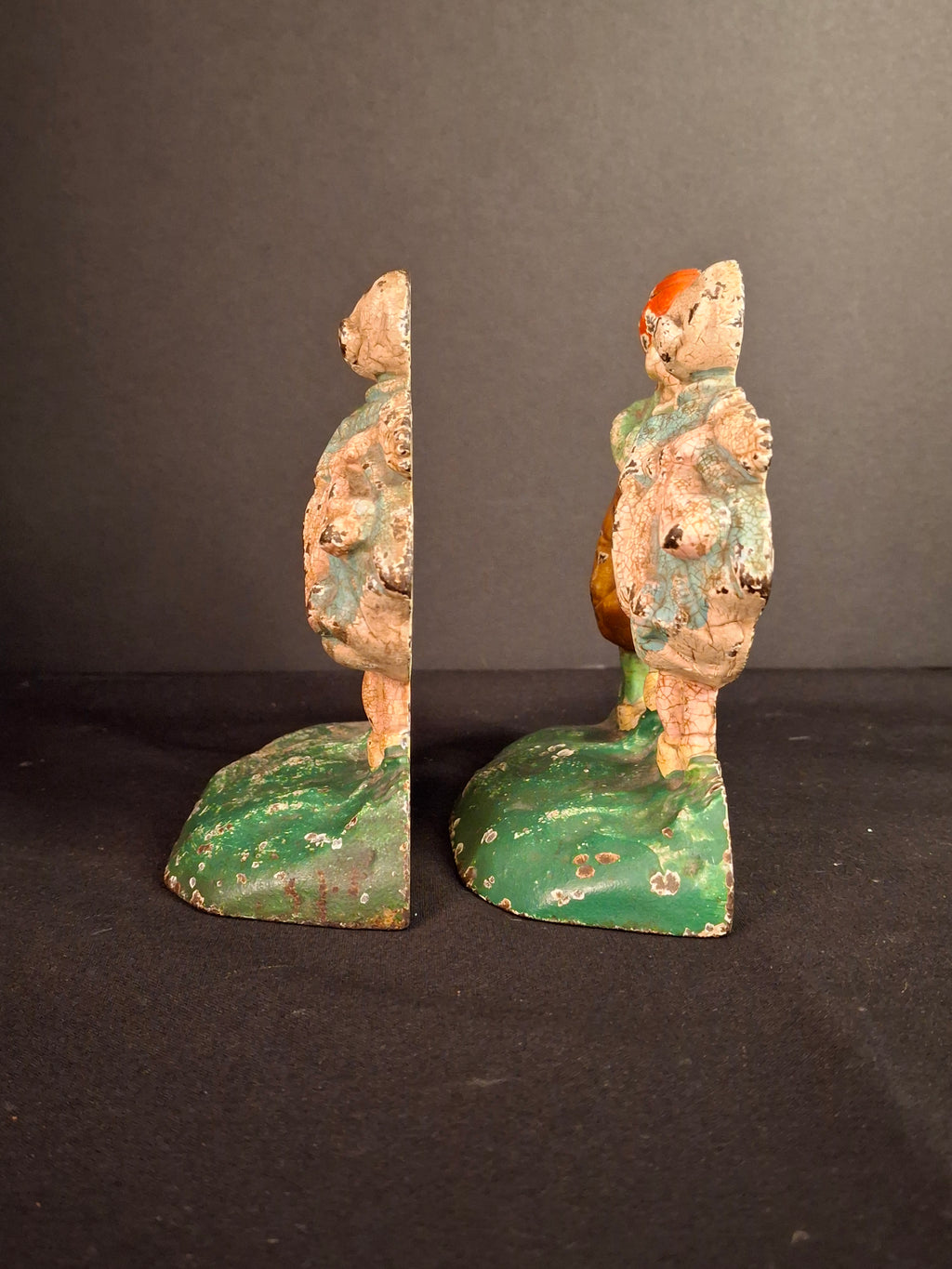 Antique Hubley 332 Cast Iron Kissing Dutch Kids Bookends Pair Original Paint 1920s