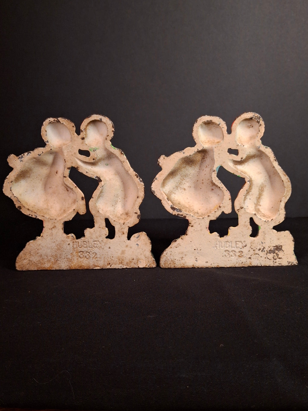 Antique Hubley 332 Cast Iron Kissing Dutch Kids Bookends Pair Original Paint 1920s