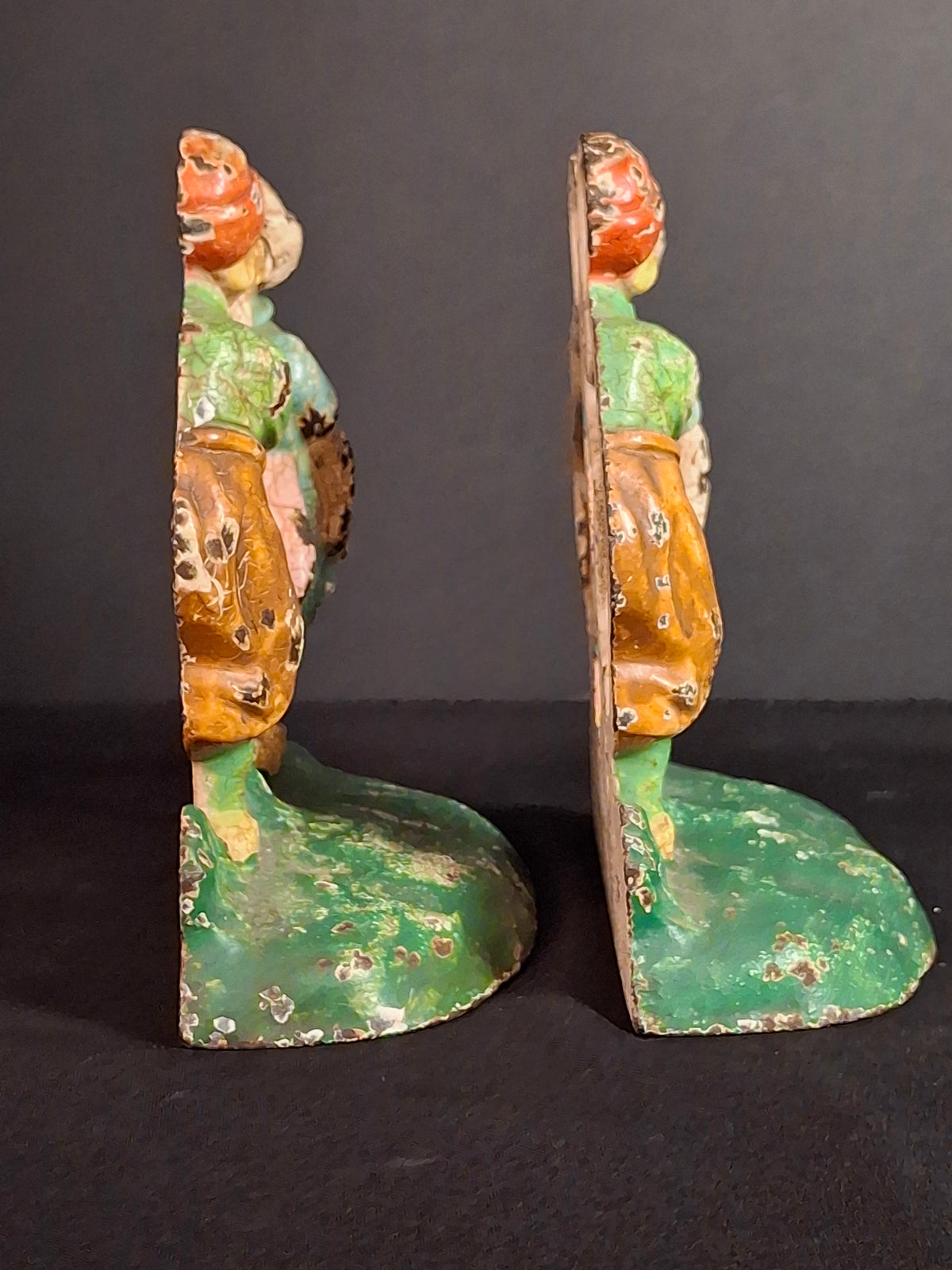 Antique Hubley 332 Cast Iron Kissing Dutch Kids Bookends Pair Original Paint 1920s