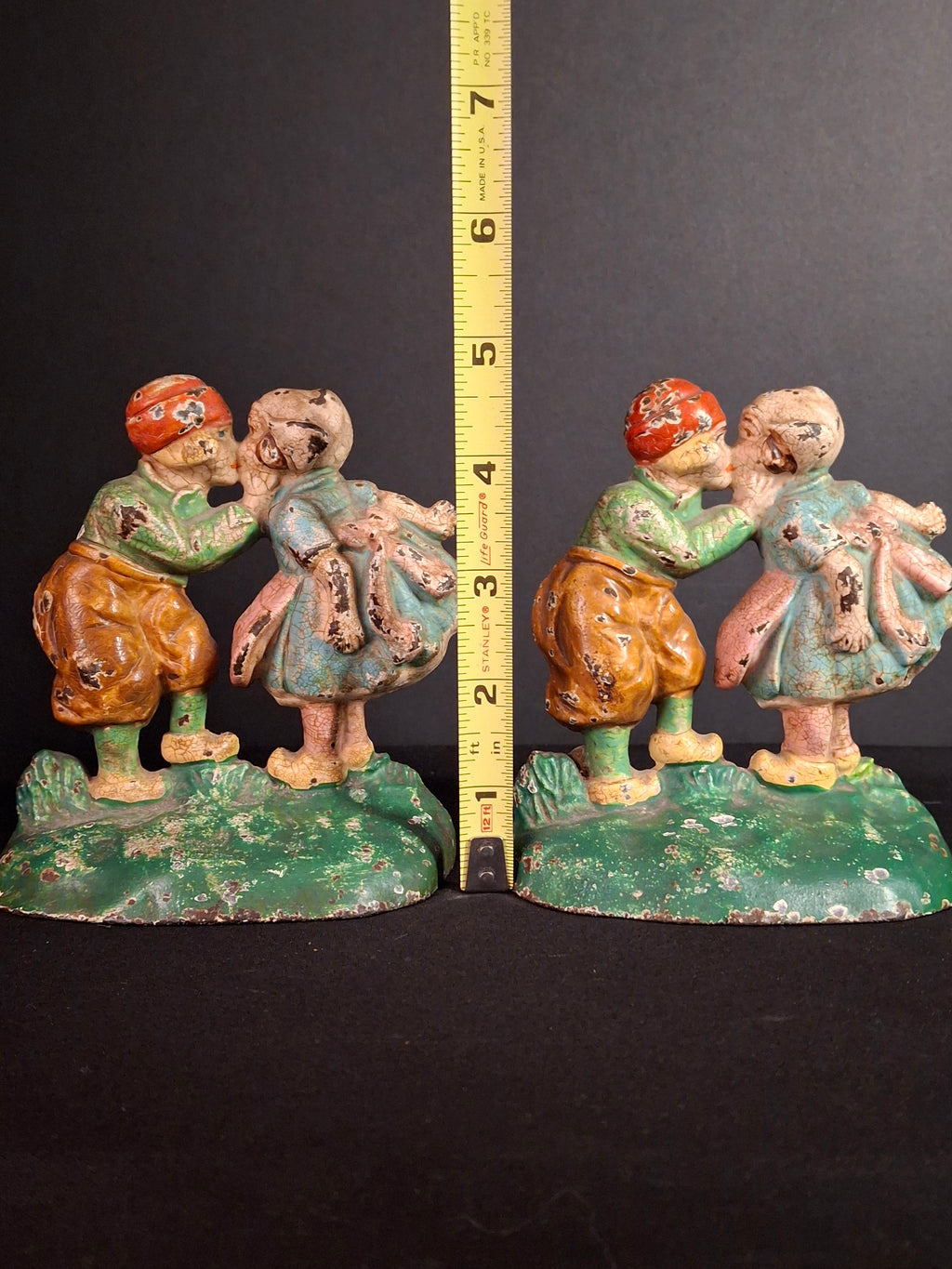 Antique Hubley 332 Cast Iron Kissing Dutch Kids Bookends Pair Original Paint 1920s