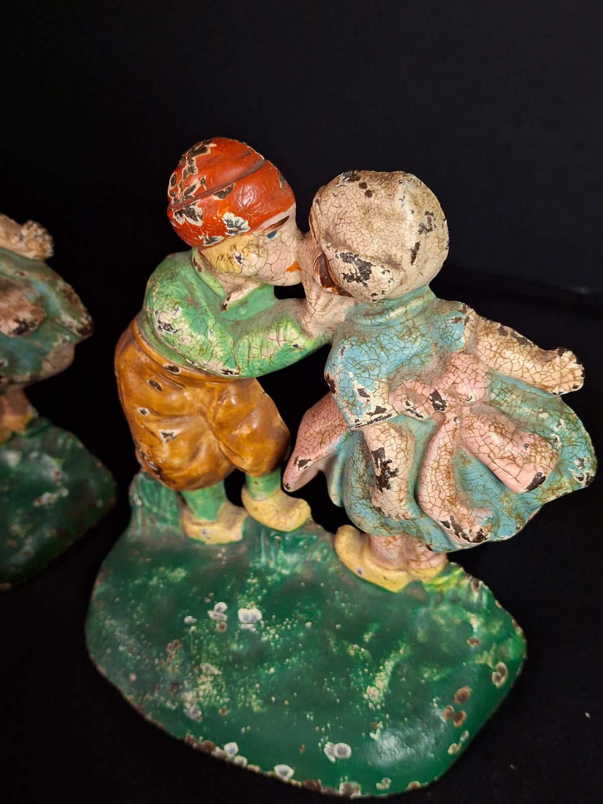 Antique Hubley 332 Cast Iron Kissing Dutch Kids Bookends Pair Original Paint 1920s