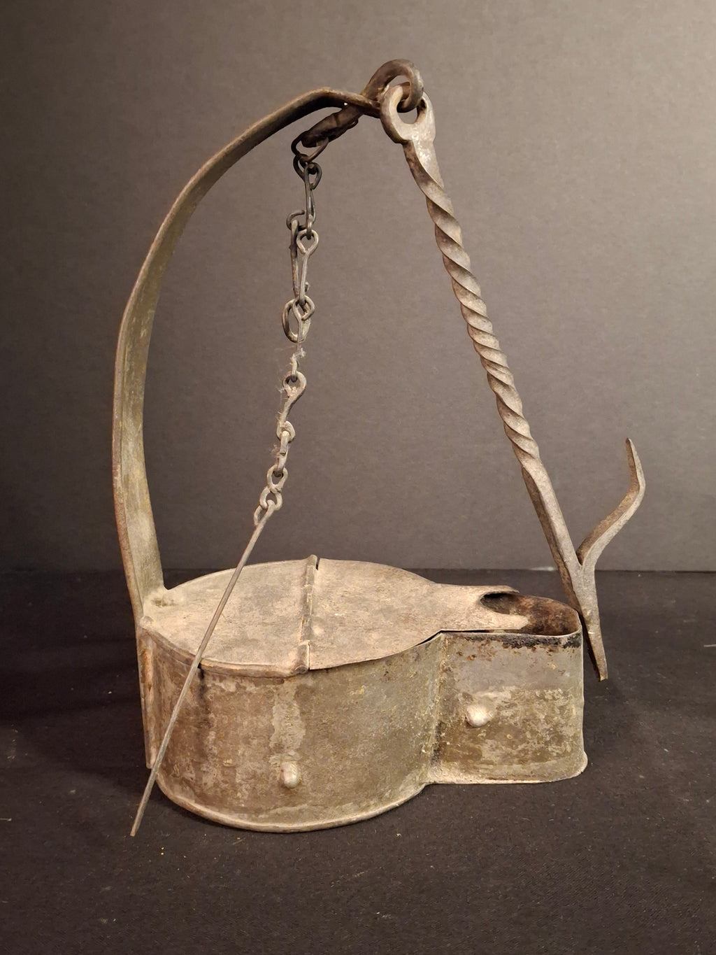 Large Antique Colonial Sheet Tin Betty Lamp Wrought Iron Twisted Hook Wick Pick C. 1820