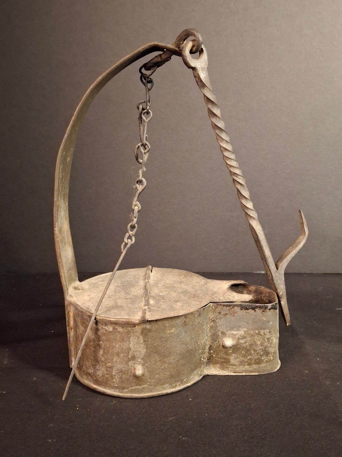 Large Antique Colonial Sheet Tin Betty Lamp Wrought Iron Twisted Hook Wick Pick C. 1820