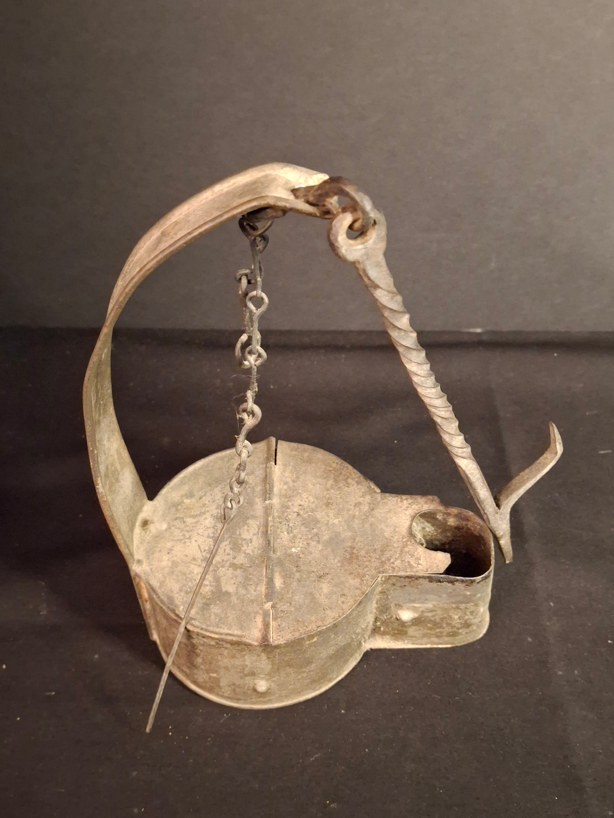Large Antique Colonial Sheet Tin Betty Lamp Wrought Iron Twisted Hook Wick Pick C. 1820