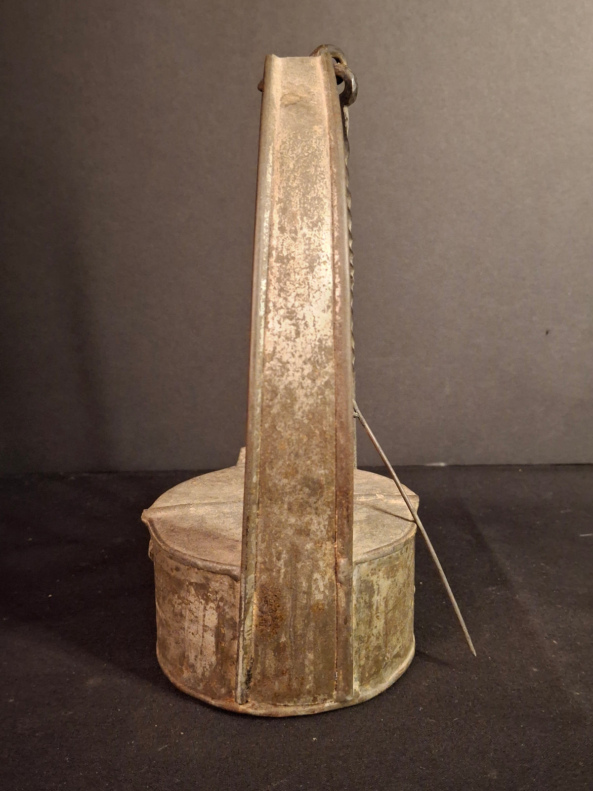 Large Antique Colonial Sheet Tin Betty Lamp Wrought Iron Twisted Hook Wick Pick C. 1820
