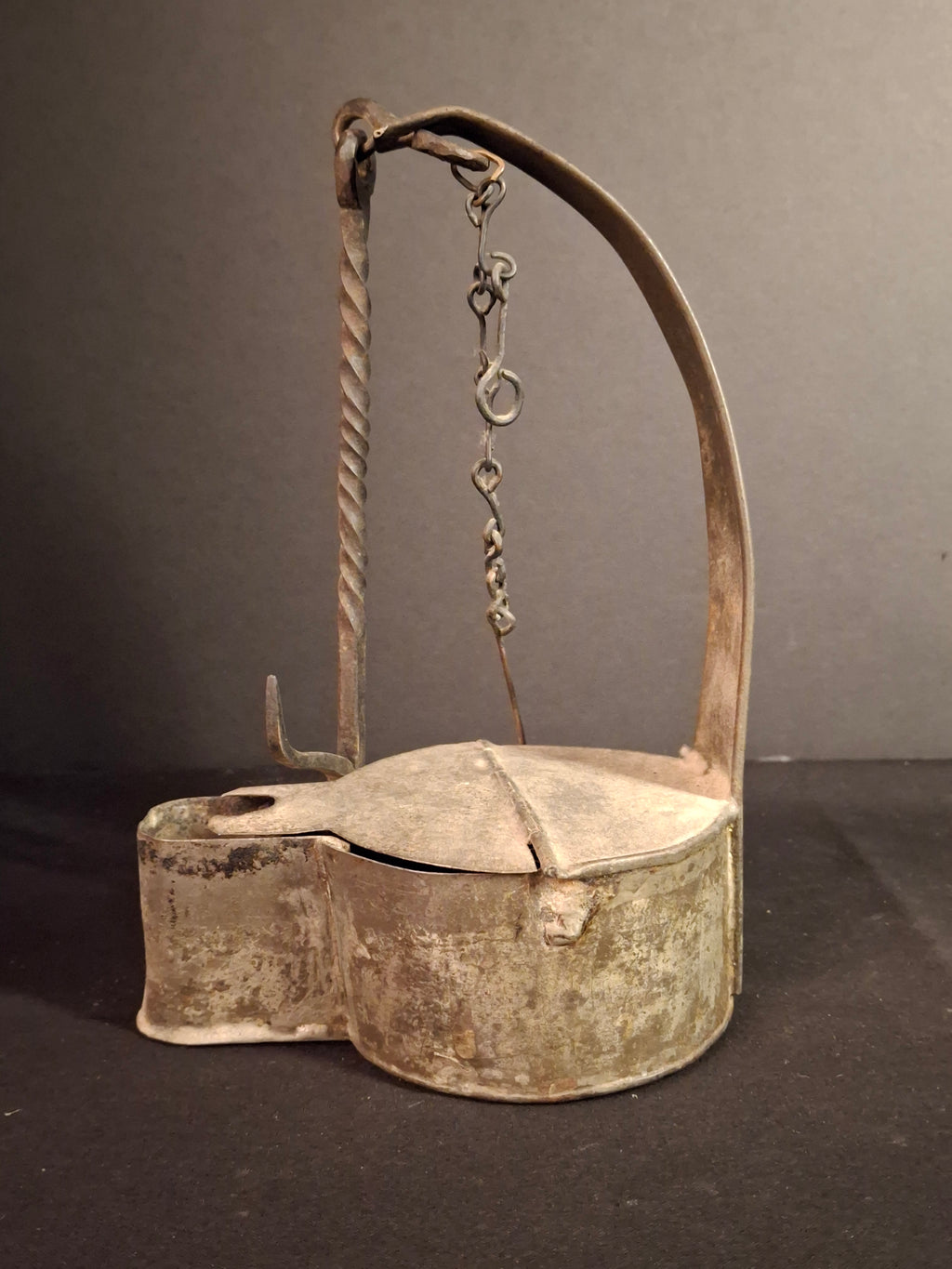 Large Antique Colonial Sheet Tin Betty Lamp Wrought Iron Twisted Hook Wick Pick C. 1820