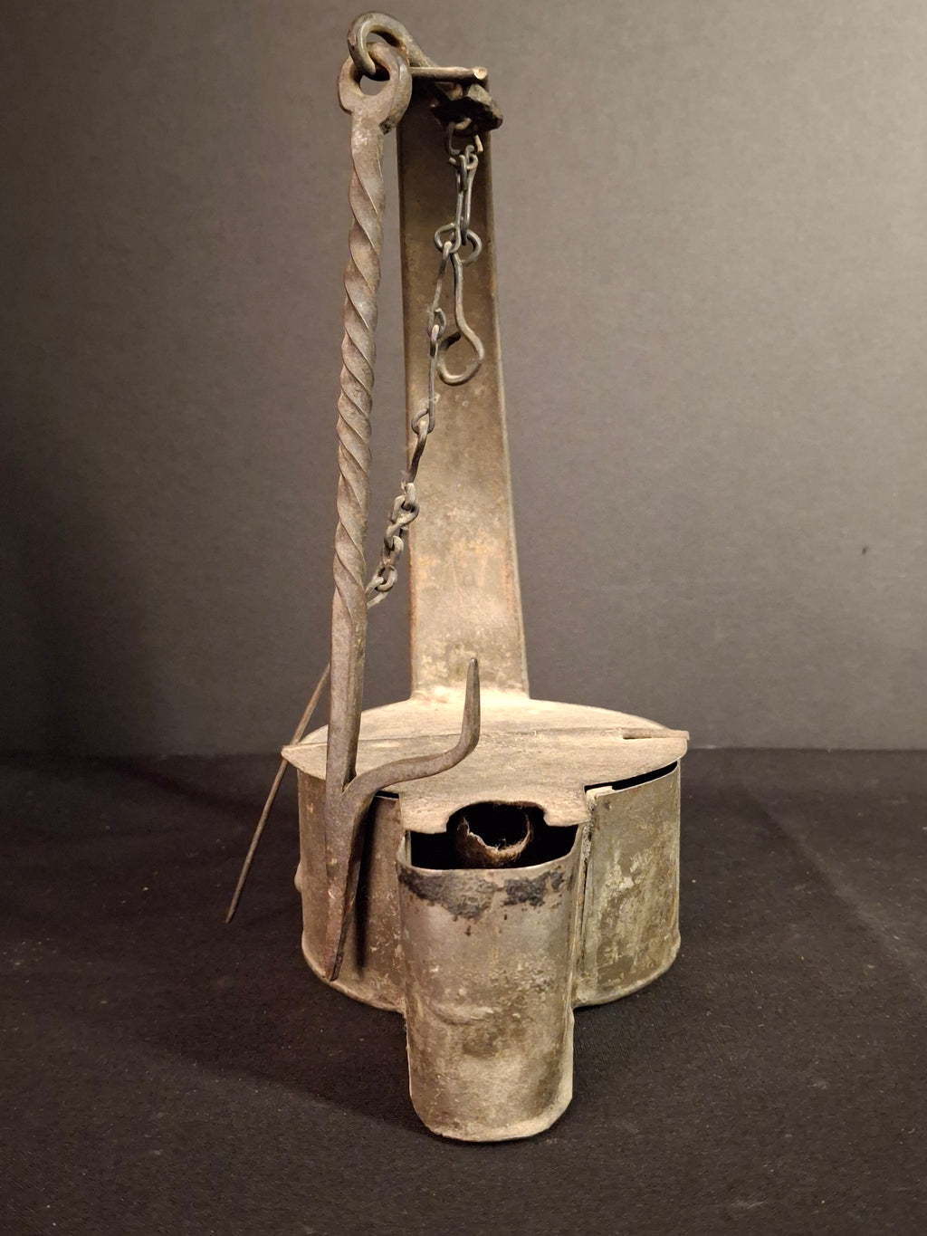 Large Antique Colonial Sheet Tin Betty Lamp Wrought Iron Twisted Hook Wick Pick C. 1820