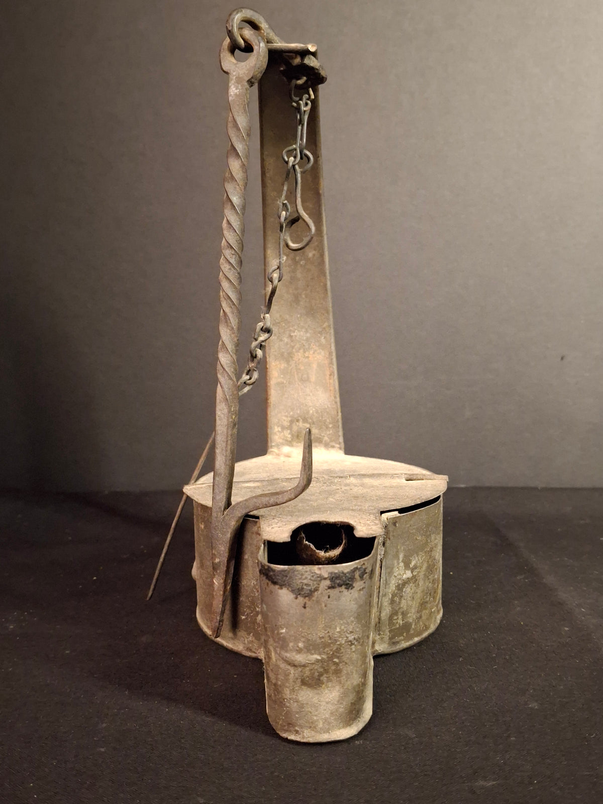 Large Antique Colonial Sheet Tin Betty Lamp Wrought Iron Twisted Hook Wick Pick C. 1820