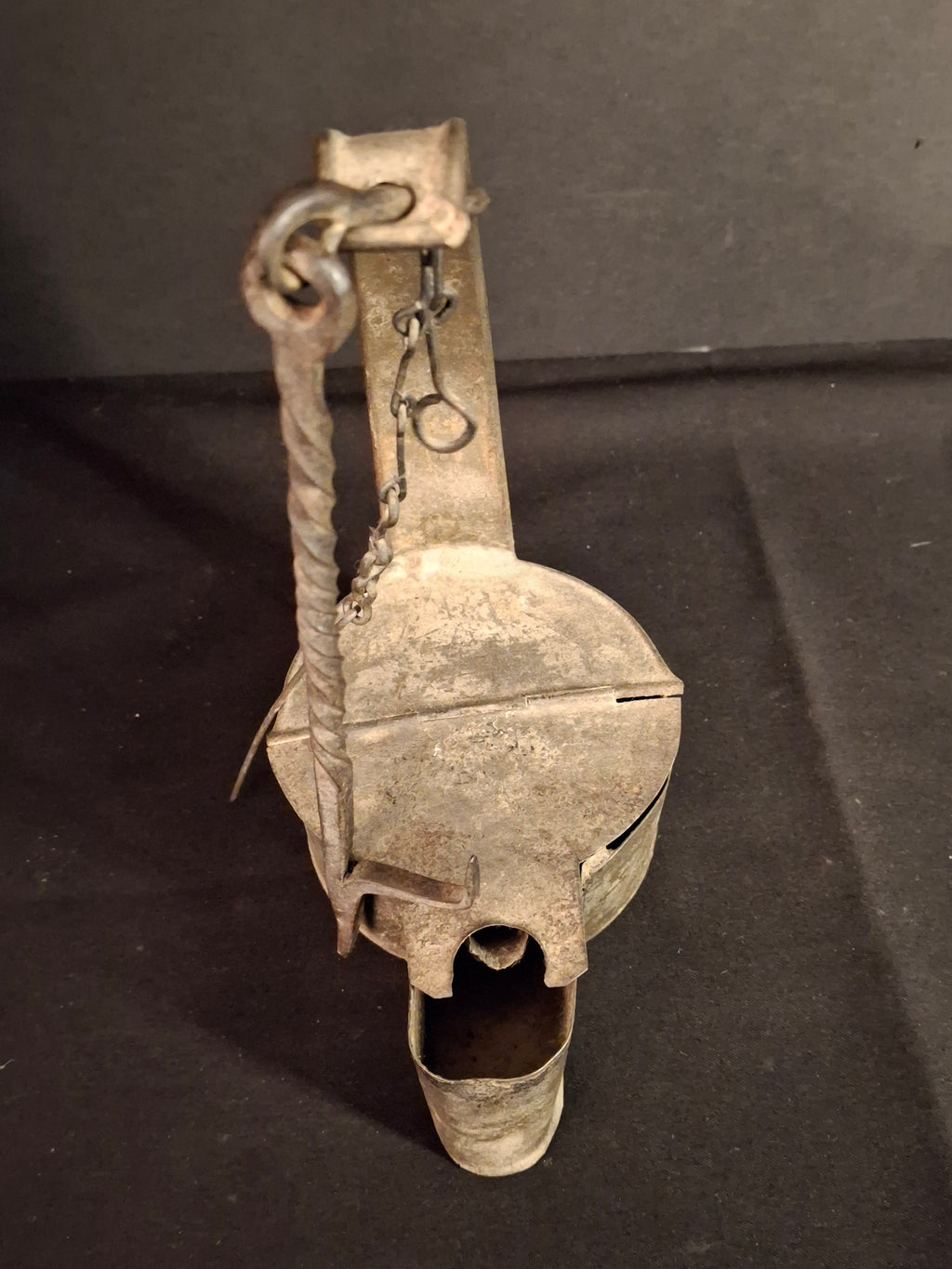 Large Antique Colonial Sheet Tin Betty Lamp Wrought Iron Twisted Hook Wick Pick C. 1820