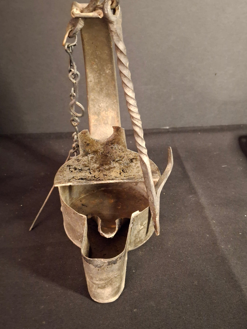 Large Antique Colonial Sheet Tin Betty Lamp Wrought Iron Twisted Hook Wick Pick C. 1820
