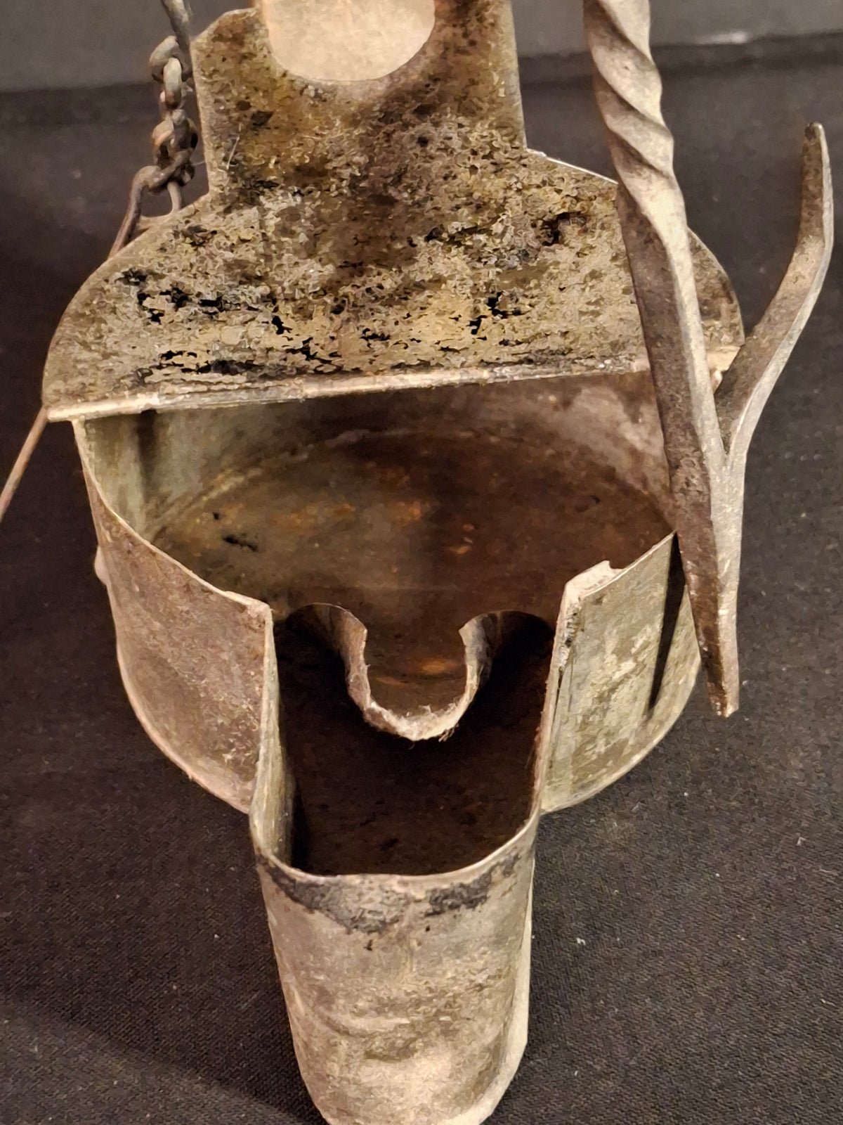 Large Antique Colonial Sheet Tin Betty Lamp Wrought Iron Twisted Hook Wick Pick C. 1820