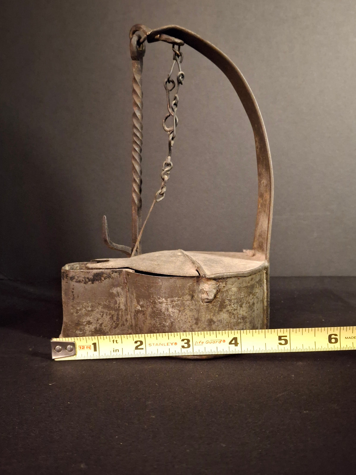 Large Antique Colonial Sheet Tin Betty Lamp Wrought Iron Twisted Hook Wick Pick C. 1820