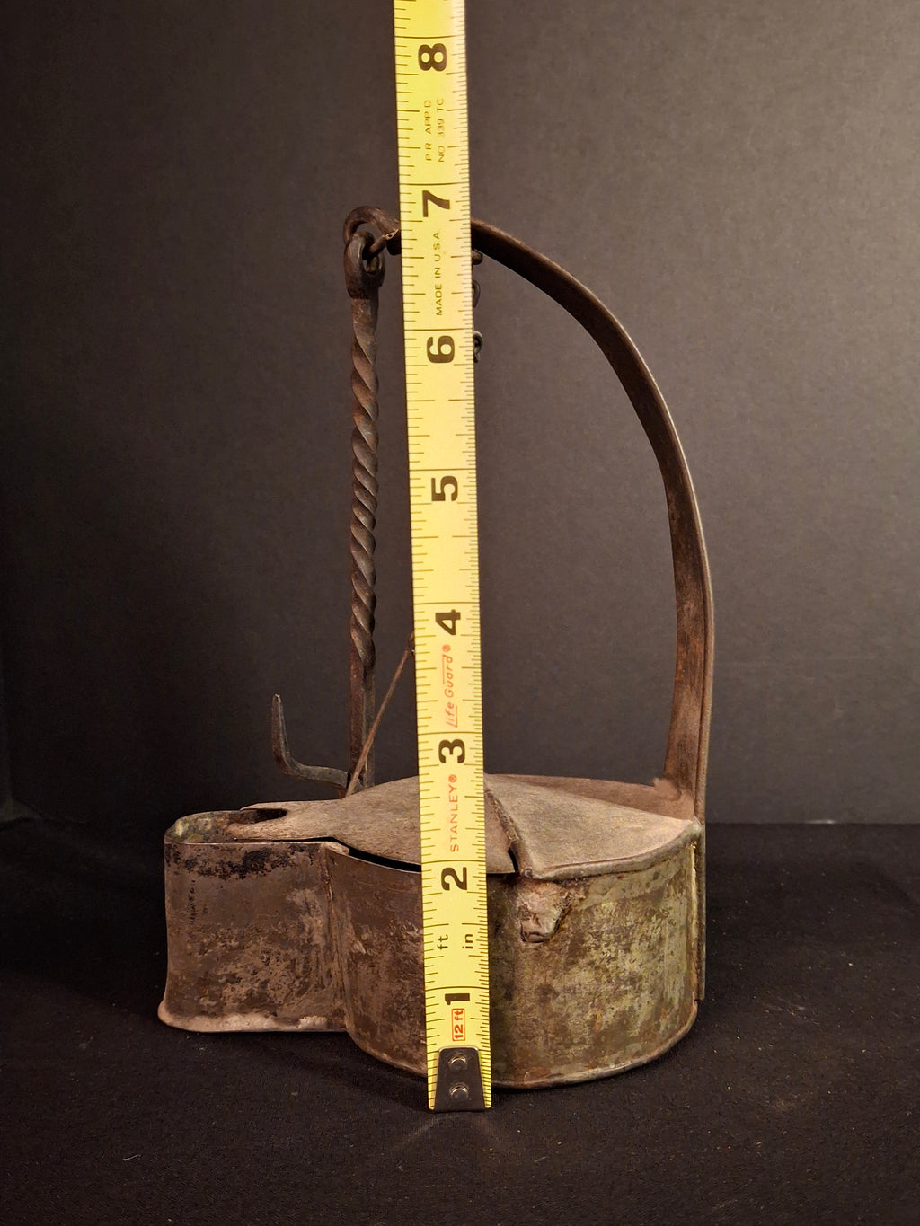 Large Antique Colonial Sheet Tin Betty Lamp Wrought Iron Twisted Hook Wick Pick C. 1820