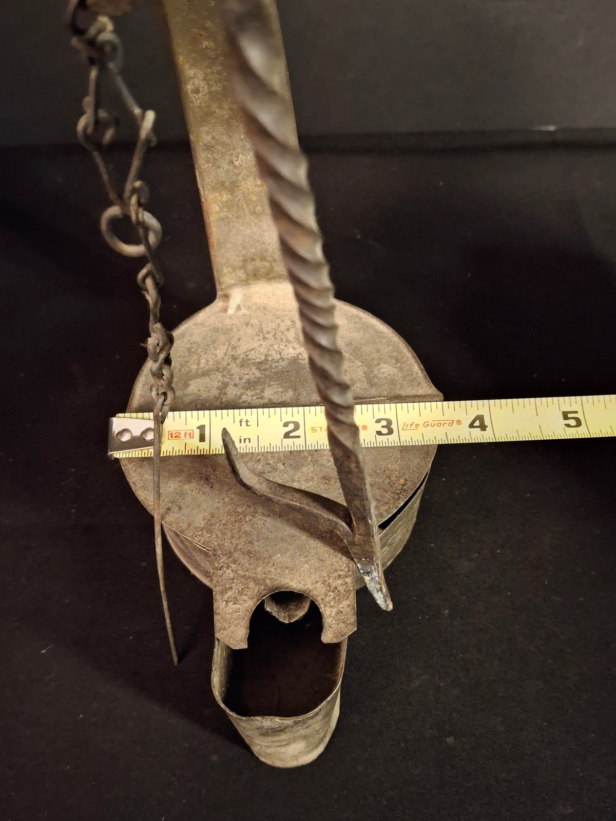 Large Antique Colonial Sheet Tin Betty Lamp Wrought Iron Twisted Hook Wick Pick C. 1820