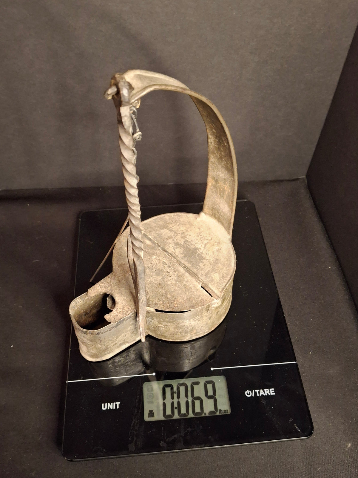 Large Antique Colonial Sheet Tin Betty Lamp Wrought Iron Twisted Hook Wick Pick C. 1820