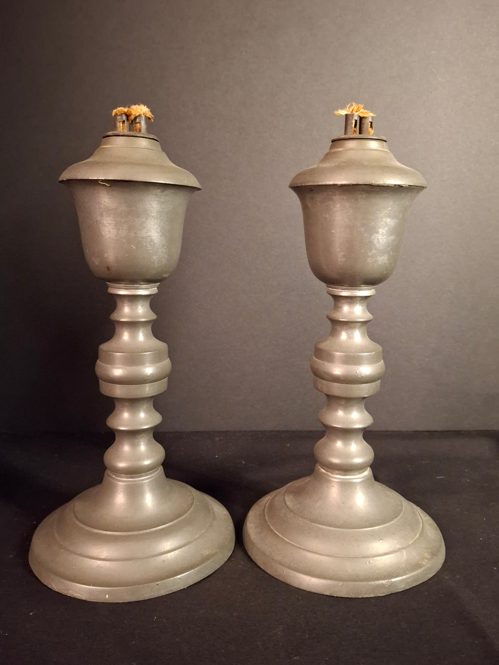 Pair Antique 1840s Freeman Porter Pewter Whale Oil Lamps Westbrook Maine No. 1