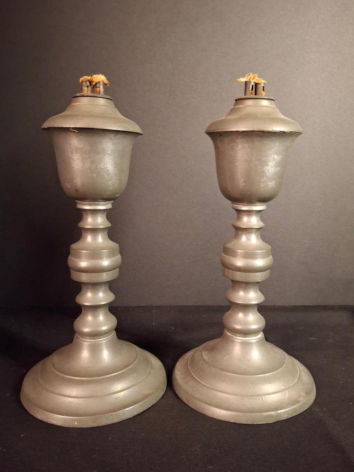 Pair Antique 1840s Freeman Porter Pewter Whale Oil Lamps Westbrook Maine No. 1