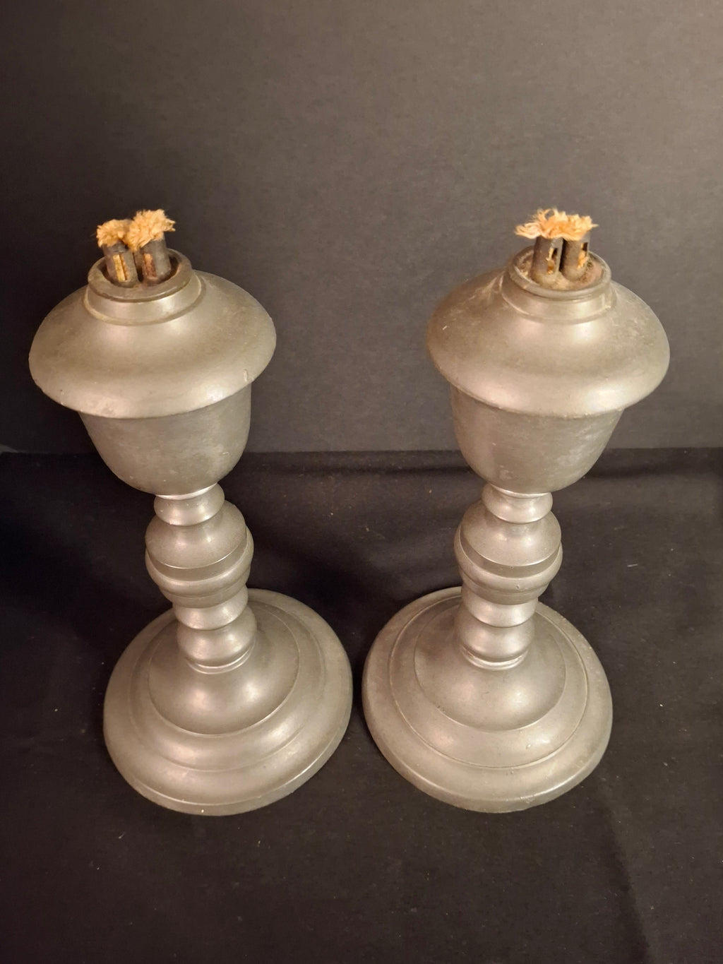 Pair Antique 1840s Freeman Porter Pewter Whale Oil Lamps Westbrook Maine No. 1